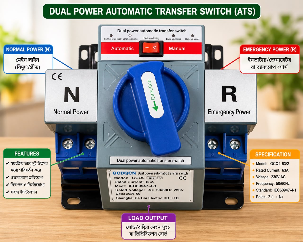 63A Dual Power Automatic Transfer Switch (ATS)
